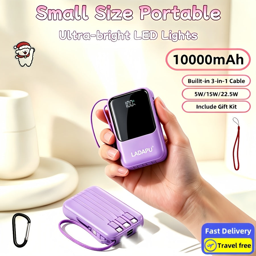 Mini Cute 5W Slow Charging/15W Fast Charging/22.5W Super Fast Charging Cartoon Power Bank, 10000mAh Large Capacity Rechargeable Portable Mobile Phone Charger, Built-with 4 Cables, Self Charge Cable, Dual Ultra-bright LED Lights, Outdoor Travel