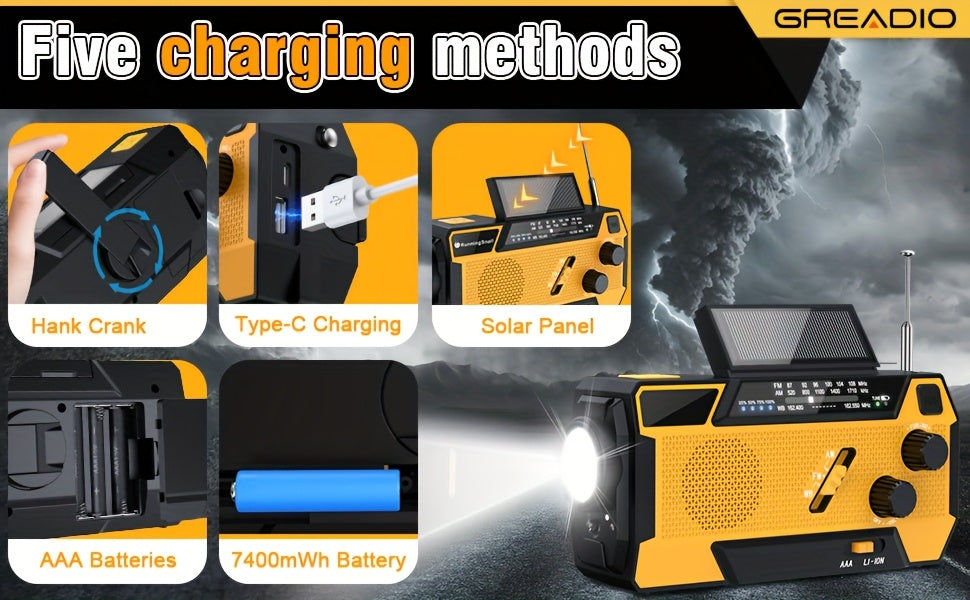Portable Emergency Radio Winter Storm Survival Kit With AM/FM/NOAA Weather Radio, 2000mAh Lithium Battery Power Bank, Featuring A Non-Extendable 3-in-1 Built-in Recharge Cable, USB&Hand Crank & Solar Charging, SOS Alarm/Flashlight For Emergency Or H