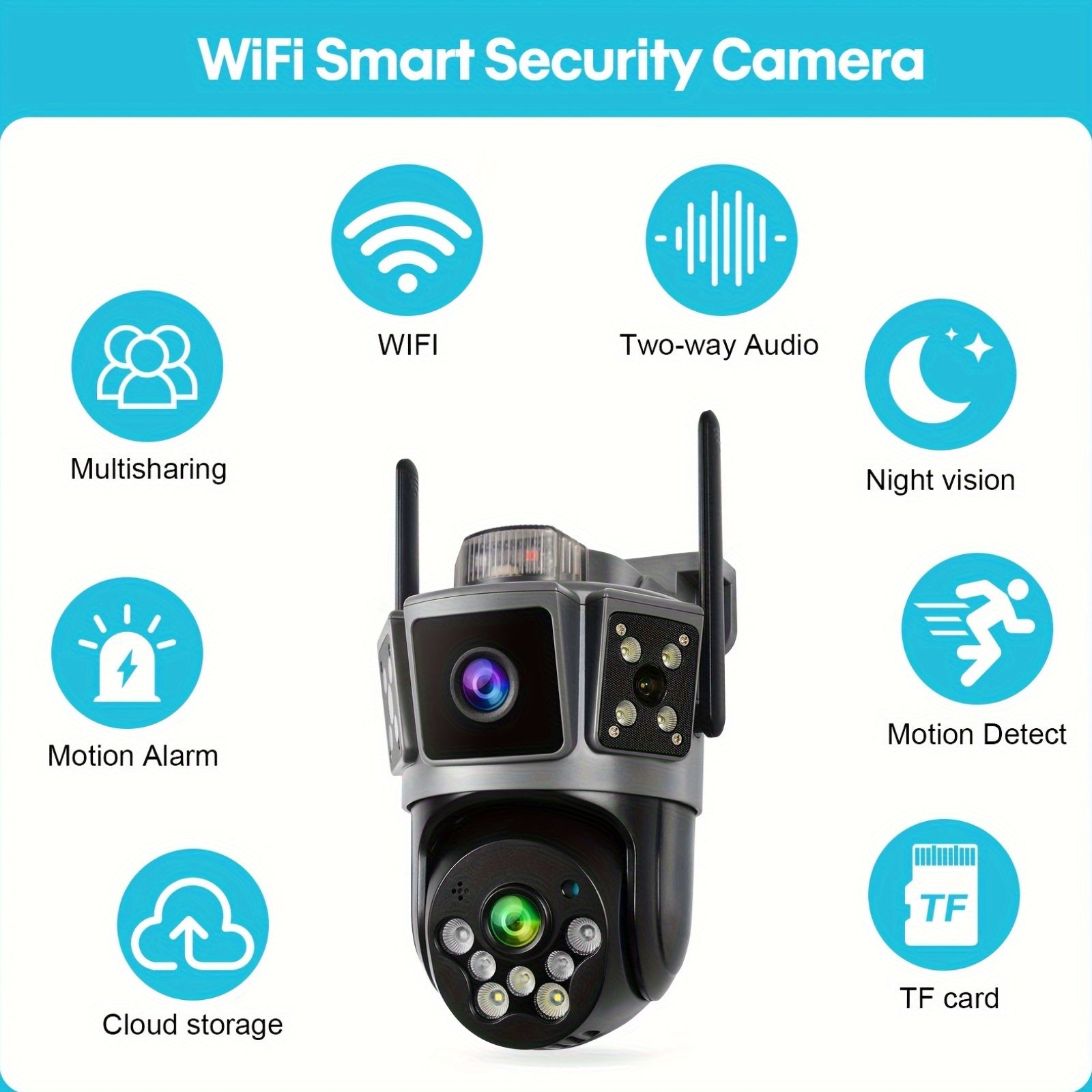Dual Lens 3 Scene Outdoor Indoor Security Camera, Wifi, 355° Pan Tilt, Color Night Vision, AI Motion Sensor Alarm, Remote Monitoring, Cloud Storage & SD Card (Up to 256GB) Camaras De Seguridad Para Casa