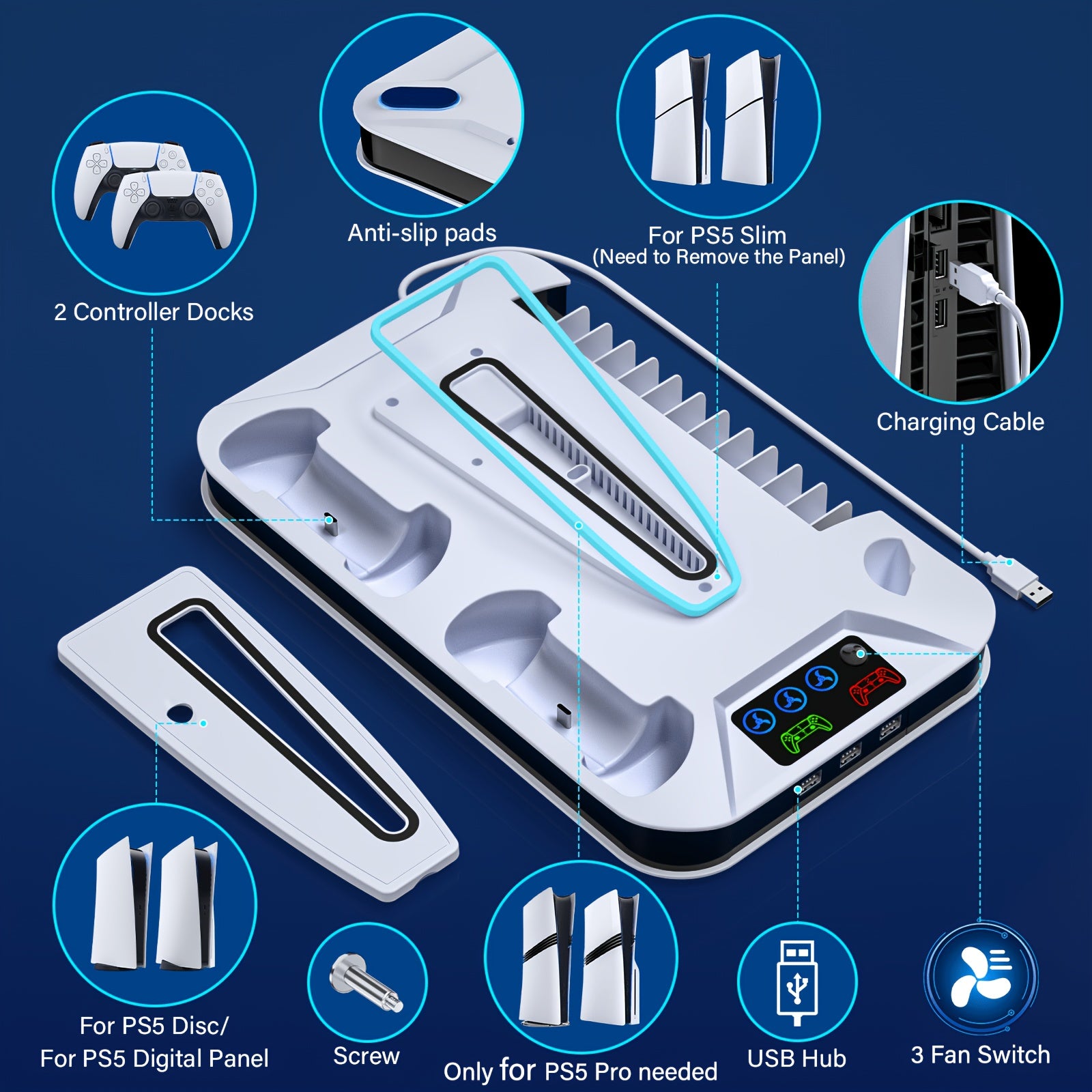 for PS5/Slim/Pro Cooling Station with Controller Charging Station for Playstation 5 Slim&Standard Disc/Digital Console, for PS5 Slim Stand Cooler Accessories Incl Cooling Fan/3 USB Hubs/Headset Holder/Screw - Christmas Gifts