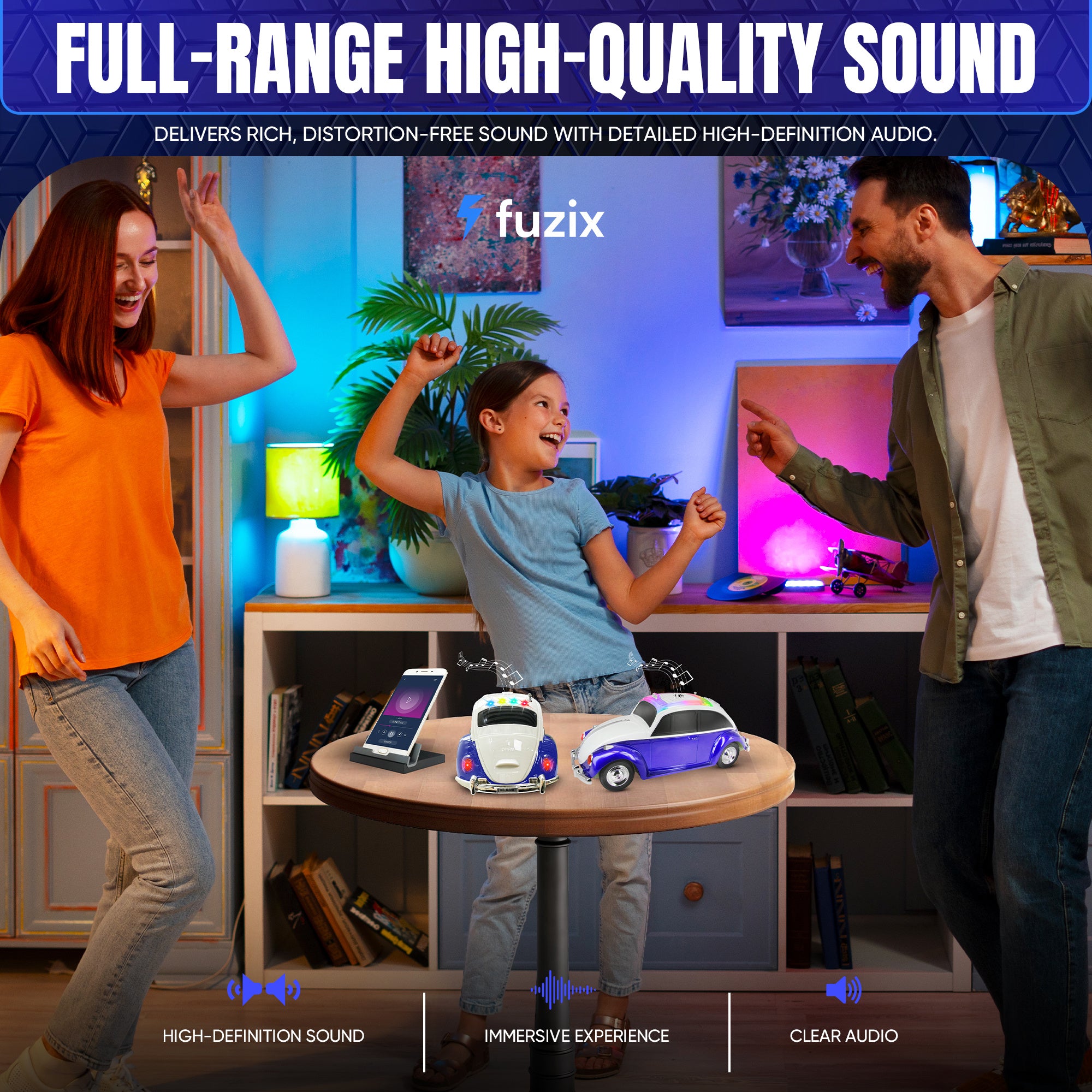Fuzix WS-1958 Car Bluetooth Portable Speaker, Retro Car-Style Wireless Stereo Speaker with LED Headlights and Taillights, AUX/USB/TF/FM Radio Support, Rechargeable Battery, Clear and Powerful Sound Quality, Multiple Playback Modes, High-Quality Festival G