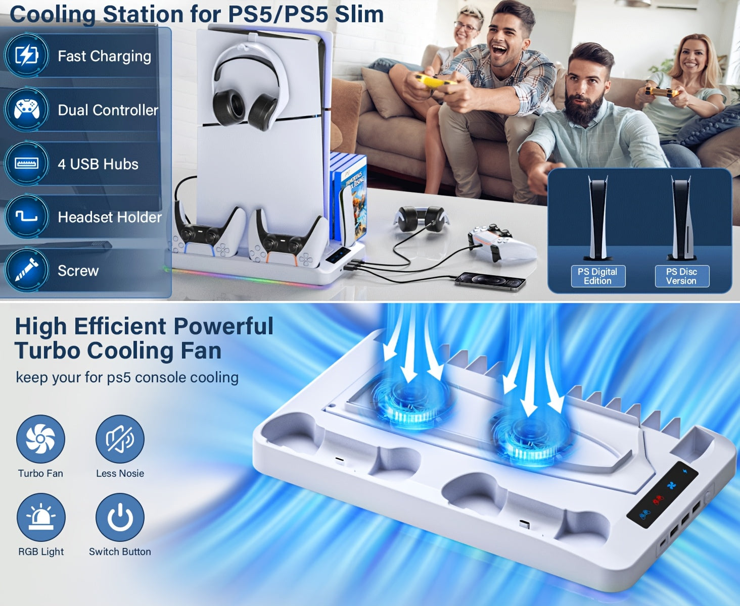 Cooling Station for PS5/Slim, Cooling Stand with LED Light, Dual Charging Station Compatible with Controller, Headset And Remote Holders, 16 Game Slots(NOT Compatible with PS5 Pro) - Christmas Gifts