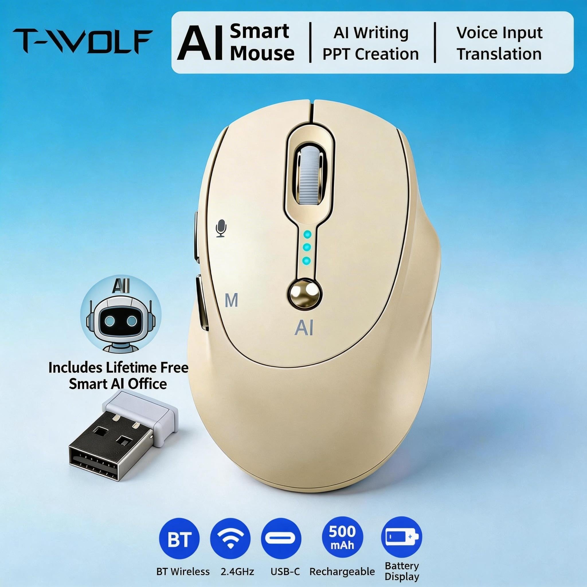 AI Smart Wireless Mouse - Includes AI Office Features at No Extra Cost, Voice-To-Text & Real-Time Translation, AI Writing & PPT Creation, Silent BT+2.4G Dual Mode, Rechargeable with Battery Display, Portable for PC, Laptop & Tablet