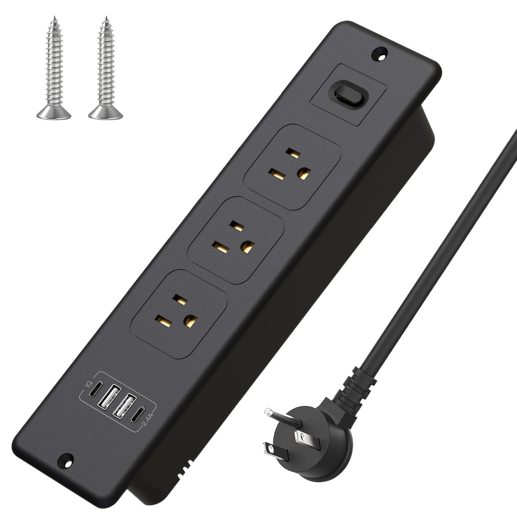 BOCHLION BKL-U58 Recessed Power Strip With 3 Outlets 4 USB Ports, Slim Space Saving Embedded Socket For Home, Office And Hotel Use, 6 Ft Extension Cord