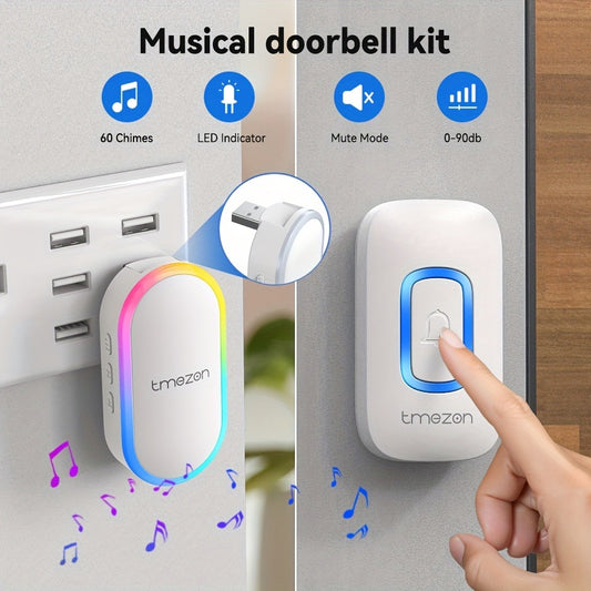 TMEZON Office Call Bell, USB Musical Doorbell Kit, Door Bell Chime, Musical Doorbell, 60 Melodies, 5 Volume Levels, Colourful LED For Home Security Outdoor, Local Warehouse, Mother'S Day Gifts