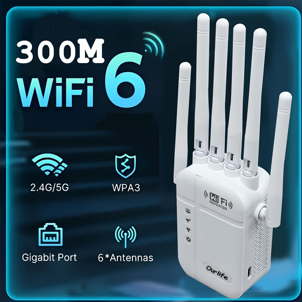Wifi 6 Signal Amplifier, 1400Mbps Mesh Network Extender, Dual-Band 2.4Ghz/5Ghz, High-Speed Wi-Fi System with 6 Antennas, One-Button Operation, Easy Installation, Comprehensive Home Coverage, Works with Smartphones, Tablets