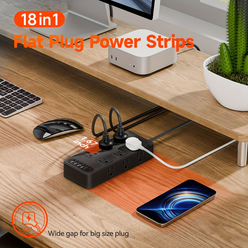 Compact Power Strip Surge Protector, 18in 1 Charging Station, with 12 AC Outlets and 6 USB Charging Ports (4 USB A & 2 USB C), Flat Plug, 5ft PVC Extension Cord, Fire-Resistant Suitable for Home, Office And Travel