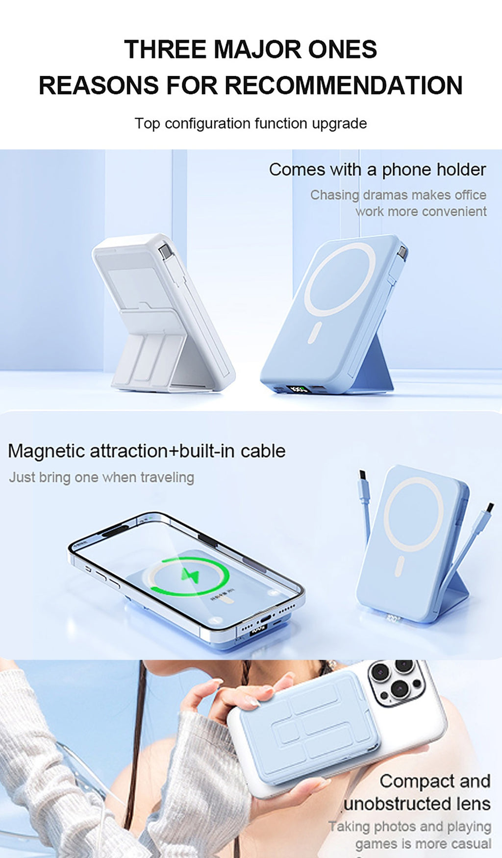 Power Bank Mini, Super Fast Charging PD22.5W Wireless Charging 15W Magnetic Fast Charging, Built-in 2 Cables with Stand And Digital Display Battery Level, 10000mAh, Universal USB Portable, Suitable for Airplane Travel Mobile Phone