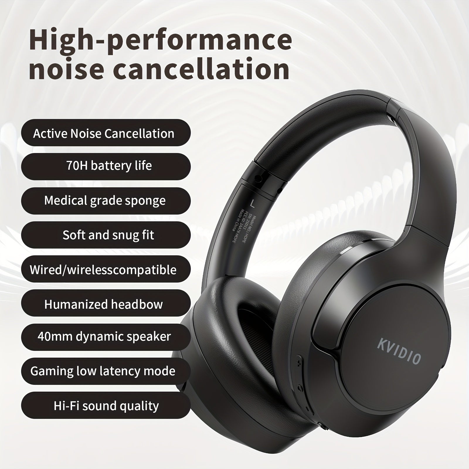 Advanced Hybrid Active Noise Cancellation Wireless Over-Ear Headphones with Microphone, Foldable Design, Lightweight,, Vivid Deep Bass, Support Dual Device Connection, Type-C Interface, 70 Hours Playtime for Home Office Travel Birthday Gift, Black
