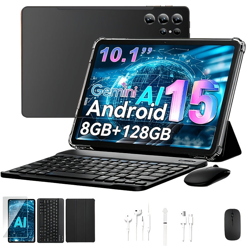[Android 15 Tablet] 10.1-Inch Android 15 Tablet, 8GB RAM + 128GB ROM, WiFi, 1280 X 800 HD Display, 8000mAh Battery, Dual Cameras 5MP +16MP, Stereo Speakers, Includes Keyboard, Case, Mouse, Stylus, USB Cable, Productivity Tablet, Stylish Design, Durable Co