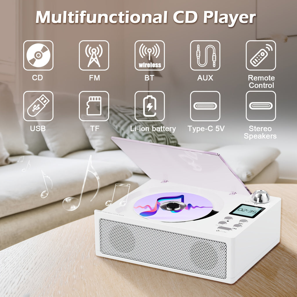 Multifunctional CD Player with Dual Stereo Speakers | USB Player, AUX Input, FM Radio, Type C Charging, LED Display, Remote Control, BT Receiver, Stereo Earphone Jack - M-AMAZUP