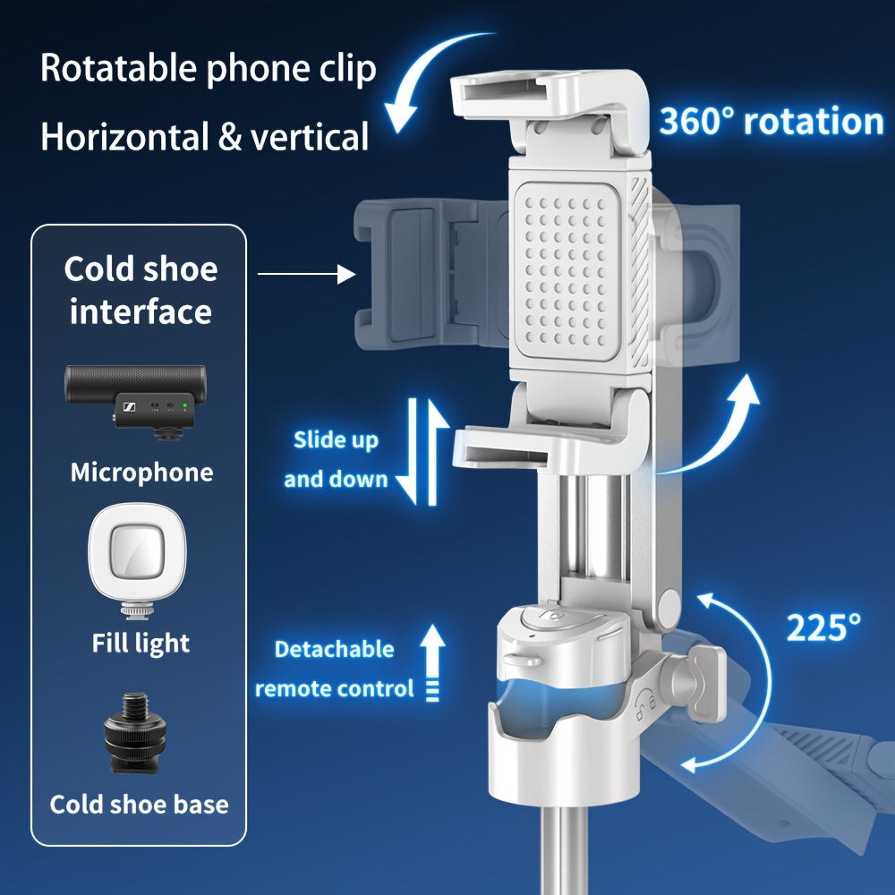 The Mini Selfie Stick Three In One Phone Stand Is Equipped With A 16 Inch Extendable Selfie Stick And A One Click Unfolded Stand. Featuring DSLR Style Grip And Wireless Remote Control. Suitable For Concerts, Hiking, And Desktop Live Streaming