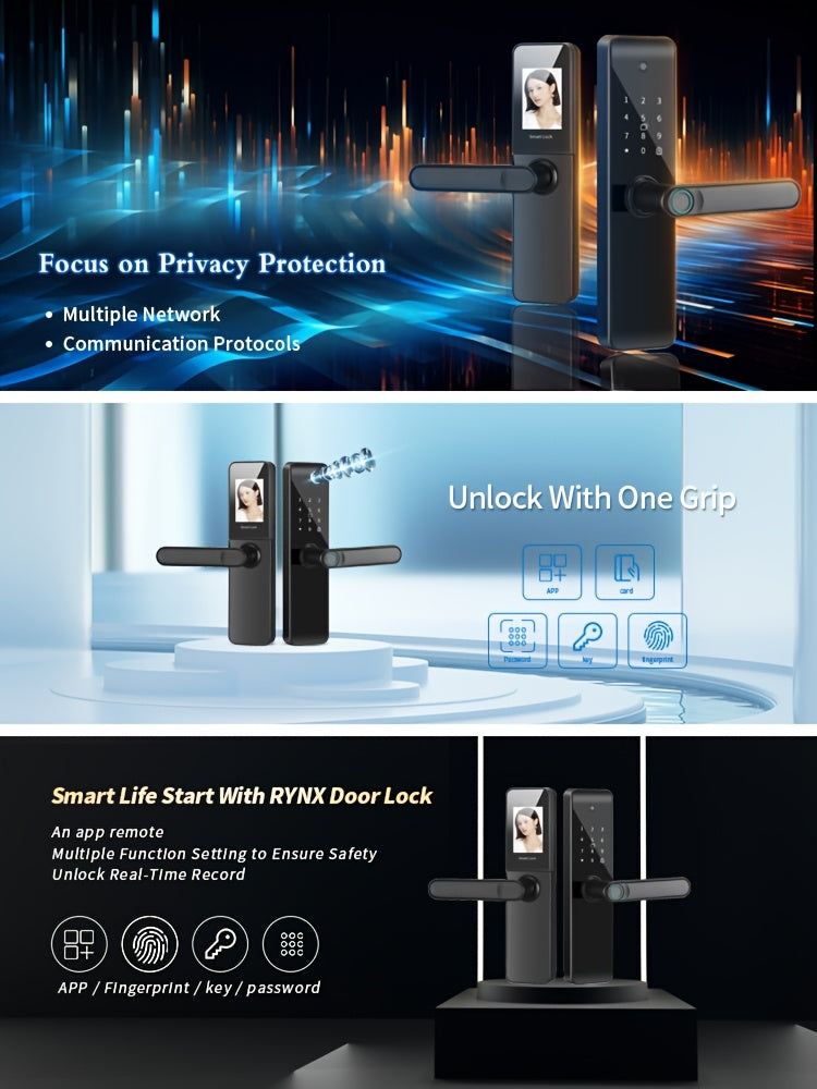 Smart Door Lock, Biometric Keyless Entry Door Lock, with Application, Keyless Entry Door Lock, Fingerprint Door Lock, with Numeric Keypad, WiFi Smart Fingerprint Door Lock, with Wide-angle Camera Suitable for Homes, Rentals, Offices, And Hotels