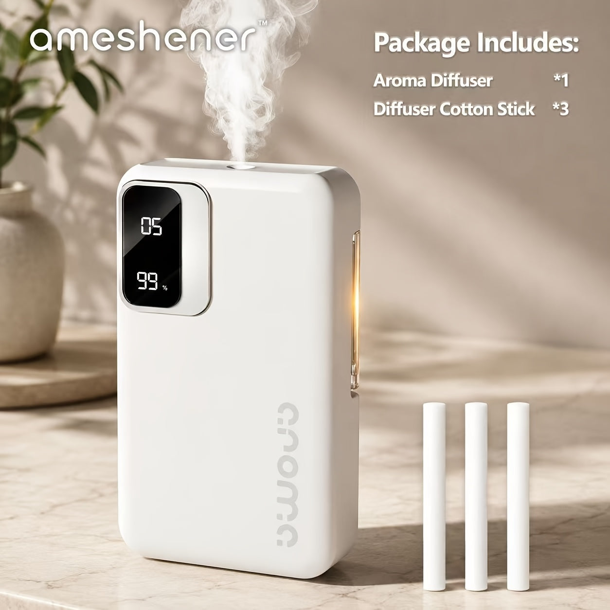 Essential Oil Refill Pack Sold Separately. 1800mAh Ultrasonic Aroma Diffuser With 7-level Control. Fine Mist Diffusion To Quickly Eliminate Hotness In The Bedroom, Bathroom, Toilet Odors And Study Room Odors. Digital USB Charging. Ideal Choice For N