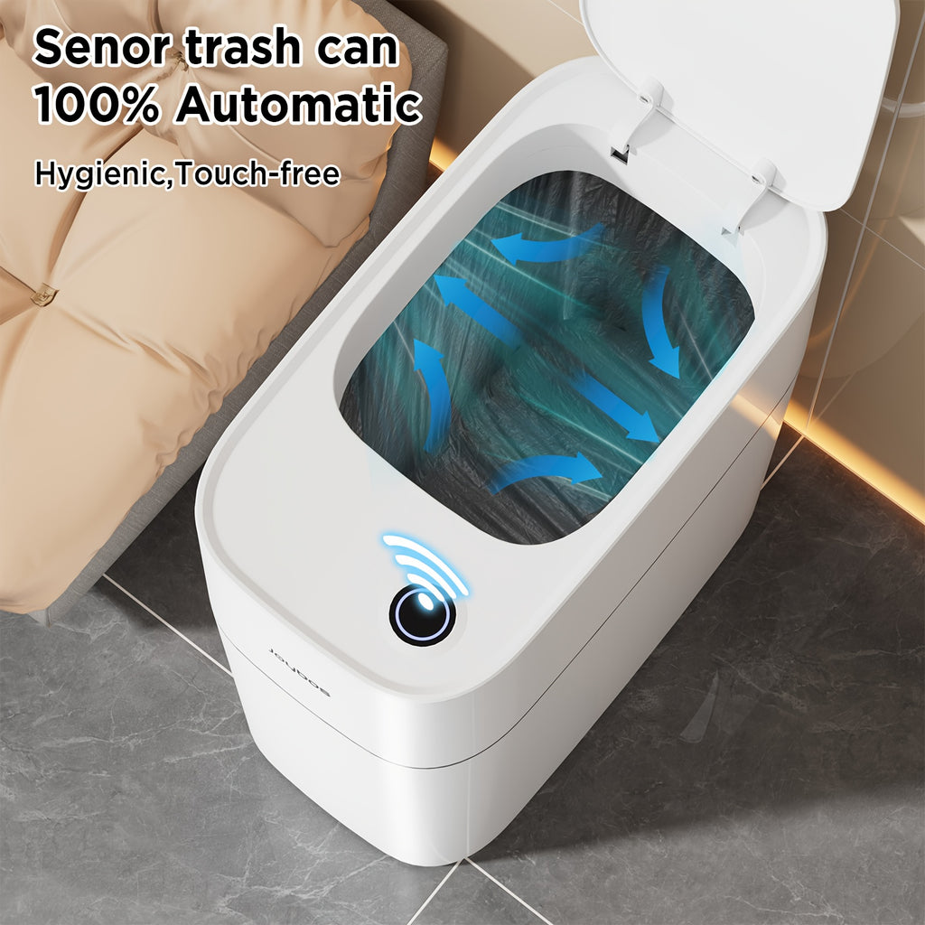 Automatic Smart Trash Can For Bathroom, 3.8Gal/14L Touchless Motion Sensor Garbage Bin, Upgraded 2 Gen Fan Auto Expand Garbage Bags, Slim Design For Narrow Space, With Small Lid Smart Waste Bin Perfect For Kitchen, Office, Bedroom, Toilet, RV