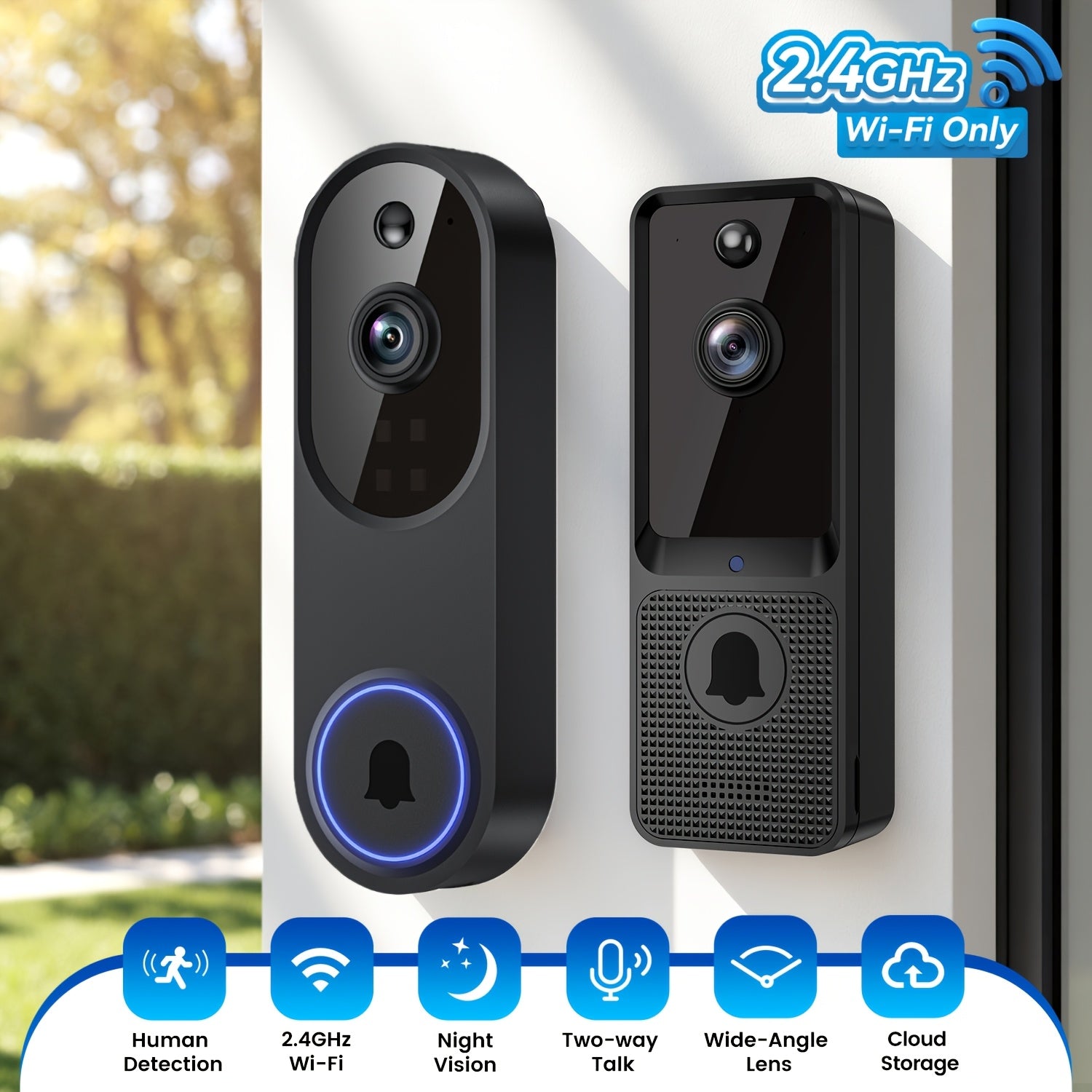 2pcs/ Smart Video Doorbell, Two-Way Voice, Real-Time Viewing, 2.4G/5G WIFI Wireless Connection, 720P Color Night Vision, AI Vehicle And Person Detection, 166° Full View Screen, 1pc Multi-Combination, No Wiring Required
