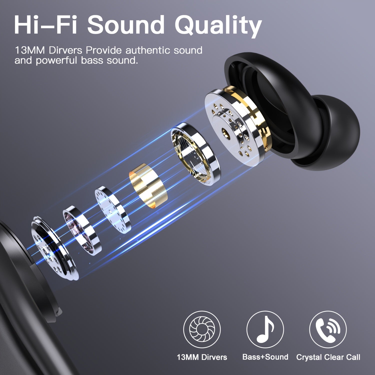 True Wireless Bluetooth Headphones with Microphone, In-Ear Wireless Earbuds, TWS In-Ear Over-Ear Headphones, Featuring ENC Noise Reduction, Touch Control for Volume, Wireless Ear Hooks, LED Charging Case Display, Semi-Open Back Cover