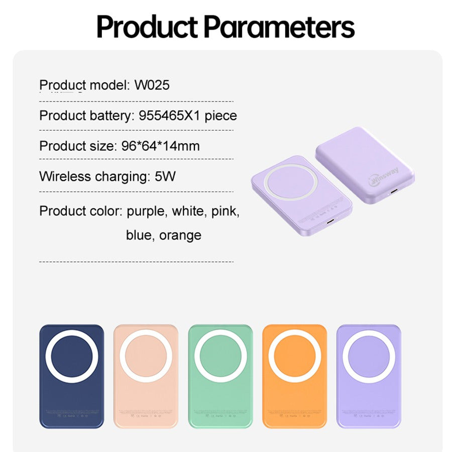 Winsway 5000mAh magnetic mini mobile power bank, supports PD and QC 3.0 fast charging, colorful and versatile, suitable for iPhone 17/16/15/14/13 series