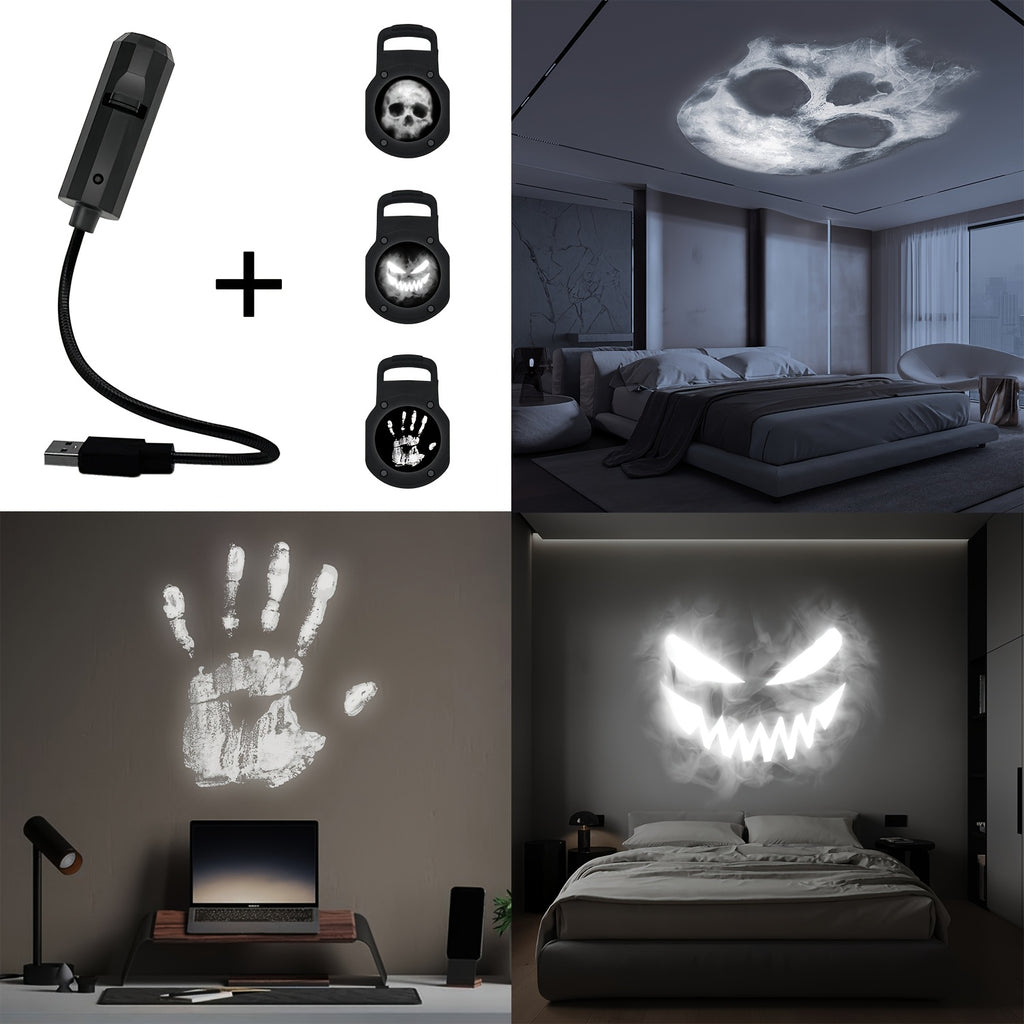 USB-Powered Skull & Palm Print LED Night Light - 360° Rotatable, Touch-Controlled Lamp with Interchangeable Faces for Bedroom, Living Room, Ceiling Decor - Ideal Halloween Atmosphere Maker, Halloween Decor