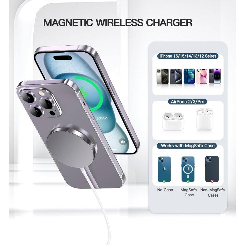 2-Pack Magnetic Wireless 15W Fast Charging Pad for Iphone 16 Pro/Plus, 15, 14, 13, 12, 11, XR, XS, SE (2022) - Qi, Slim Compact, Compatible with Lightning & -C Cables, No Adapter Needed
