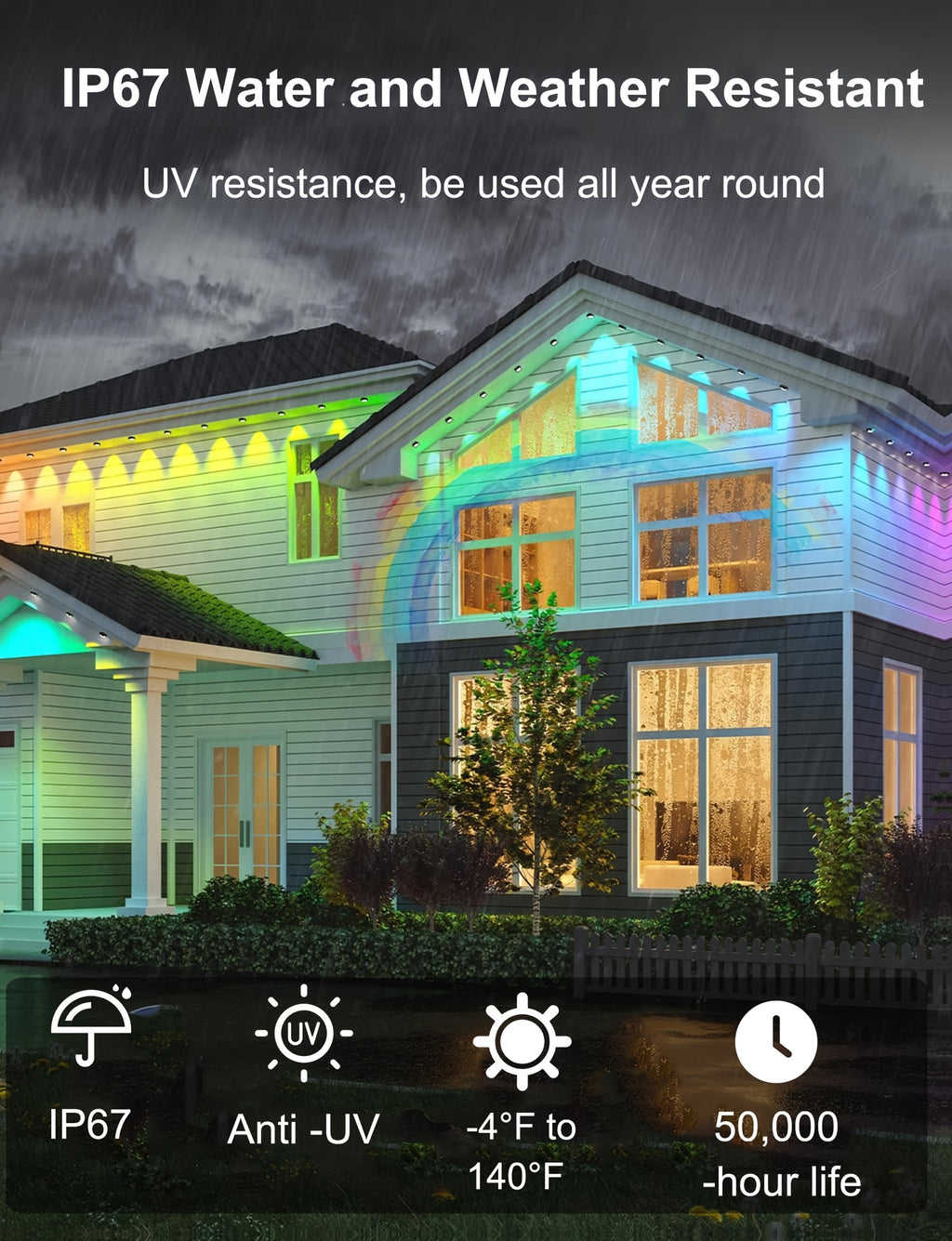 100Ft/200Ft/49Ft/19Ft Permanent Outdoor Lights Eaves Lights Outdoor Permanent Christmas Multicolor Warm White Color Changing Music Sync Timer Dimmable