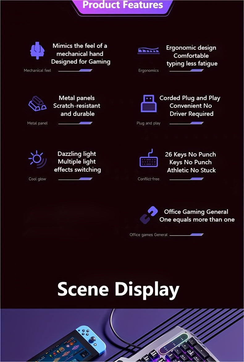 Wired Gaming Keyboard, 104 Keys Full Size, LED Backlight, Ergonomic Quiet Design, USB Power, Adjustable Volume Knob, for Desktop And Laptop Computers, Office Accessories