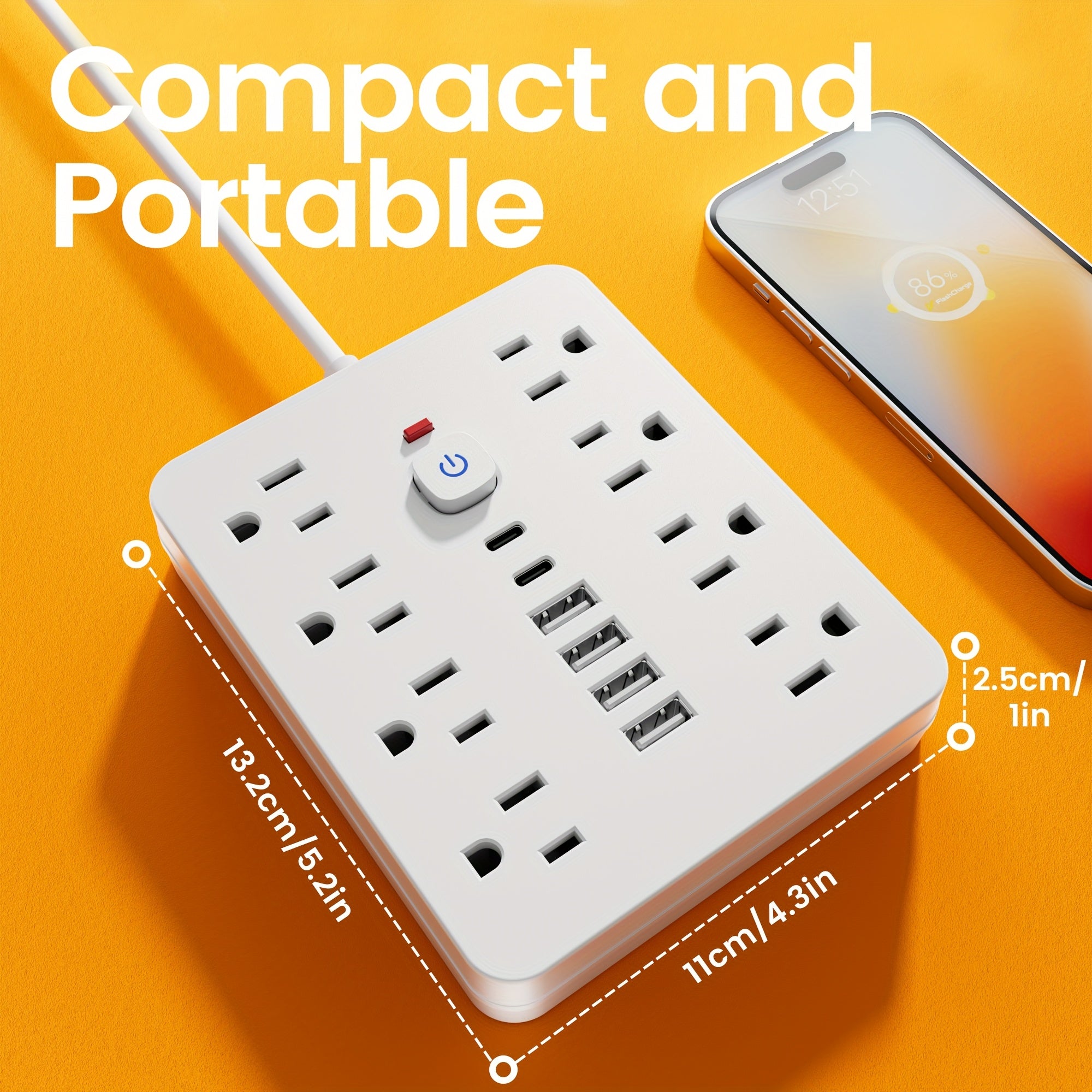 14-in-1 Power Strip with Surge Protector - 8 AC Outlets And 6 USB Ports (2 USB-C)|Flat Plug, Space-saving Design, Wall-mountable Multi-function Power Extension Cord, Overload Protection for Home, School And Office. Available In 5ft Or 10ft