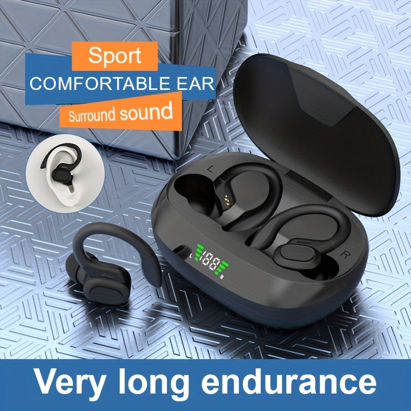 Open-Ear Wireless Earbuds 5.4, Wireless Sports Earphones with Built-In Microphone, Featuring Ear Hooks, 24 Hours of Playback Time, LED Display Charging Case, Suitable for Running And Fitness, in Black