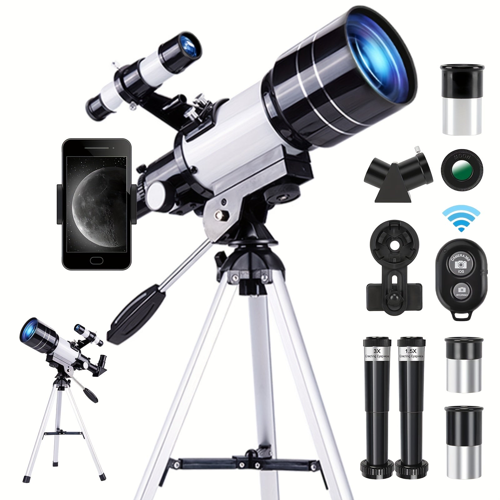 150X Telescope, 70mm Aperture Telescope For Adults High Power, Portable Monocular Telescope With Tripod Phone Holder, Eyepiece, Barlow Lens, Perfect Telescope For Nature Viewing, Education, Ideal Gifts For Lovers And Family Members