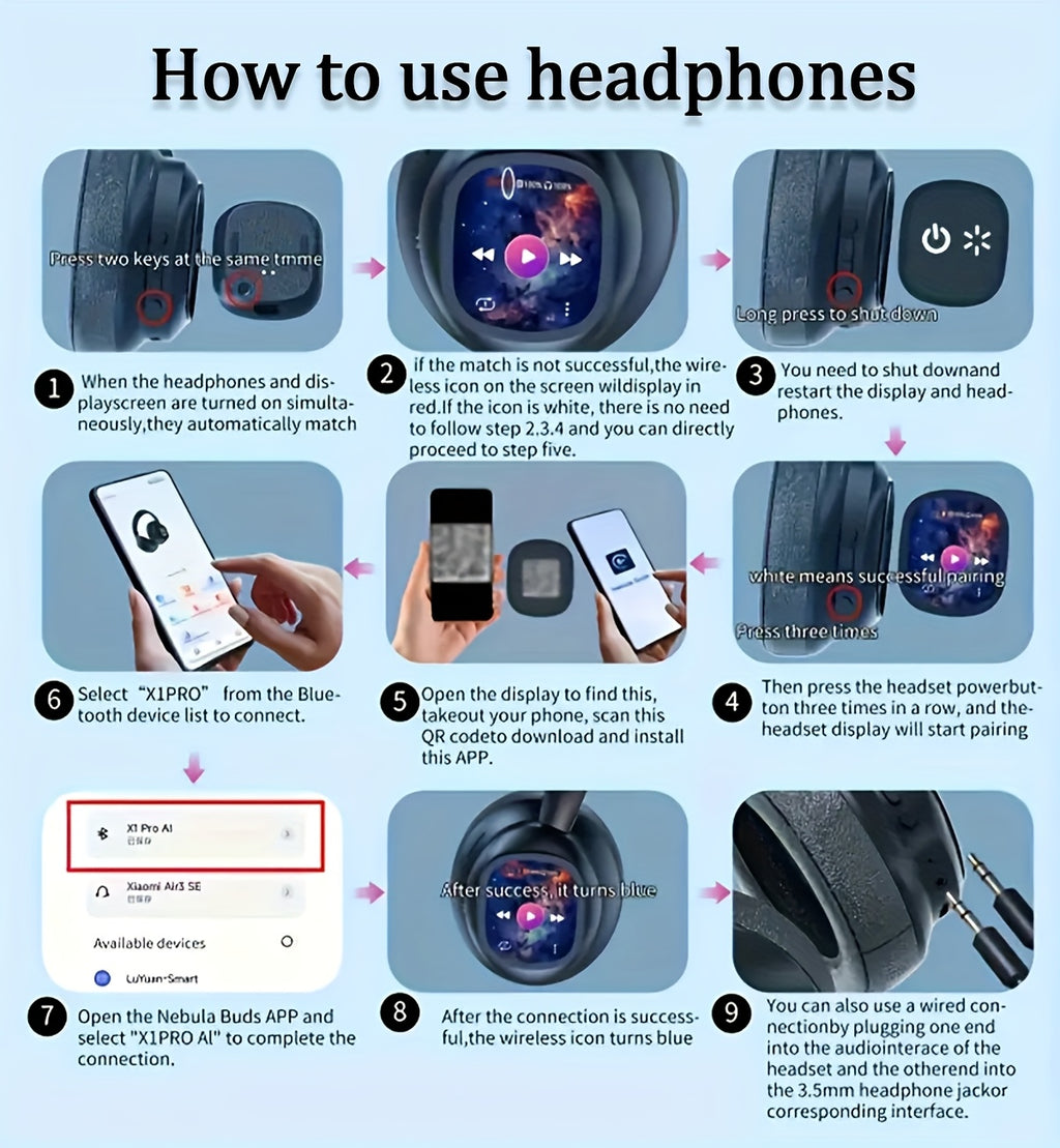 New Hybrid Active Noise-cancelling Headphones(with Touchscreen), Intelligent AI Translation, Remote Control Photography, Wireless Headphones with Microphone, Soft Ear Pads, Multiple EQ Bass, Comfortable Fit Ear Cups, Suitable for Tablets
