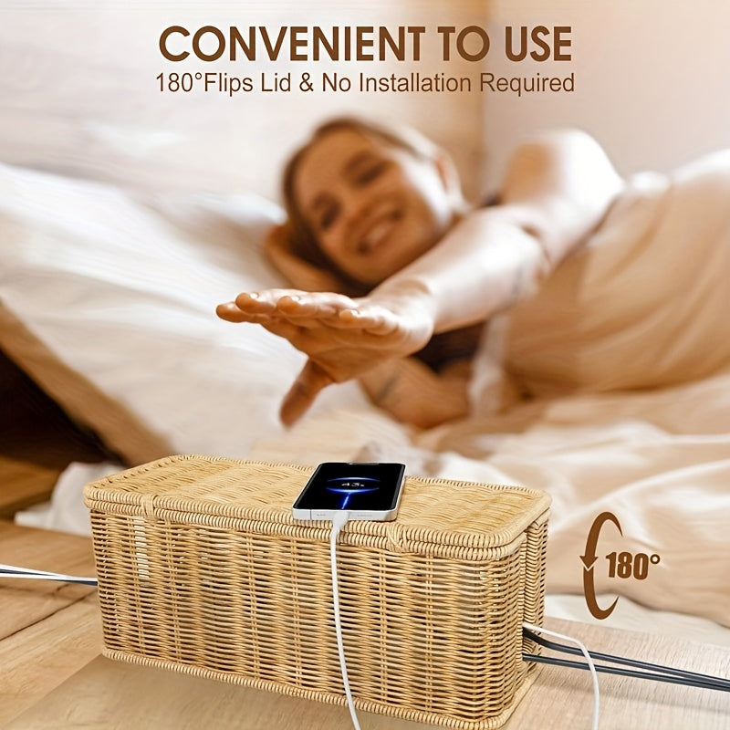 Desktop Cable Management Box with Lid & Imitation Rattan Woven Cover - Cord Suitable for Power Strips, Outlet Cover, Cable Storage Box for Home Office,, Desk - Cord Concealer for Power Strip, Data Cable Holder, Space-Saving