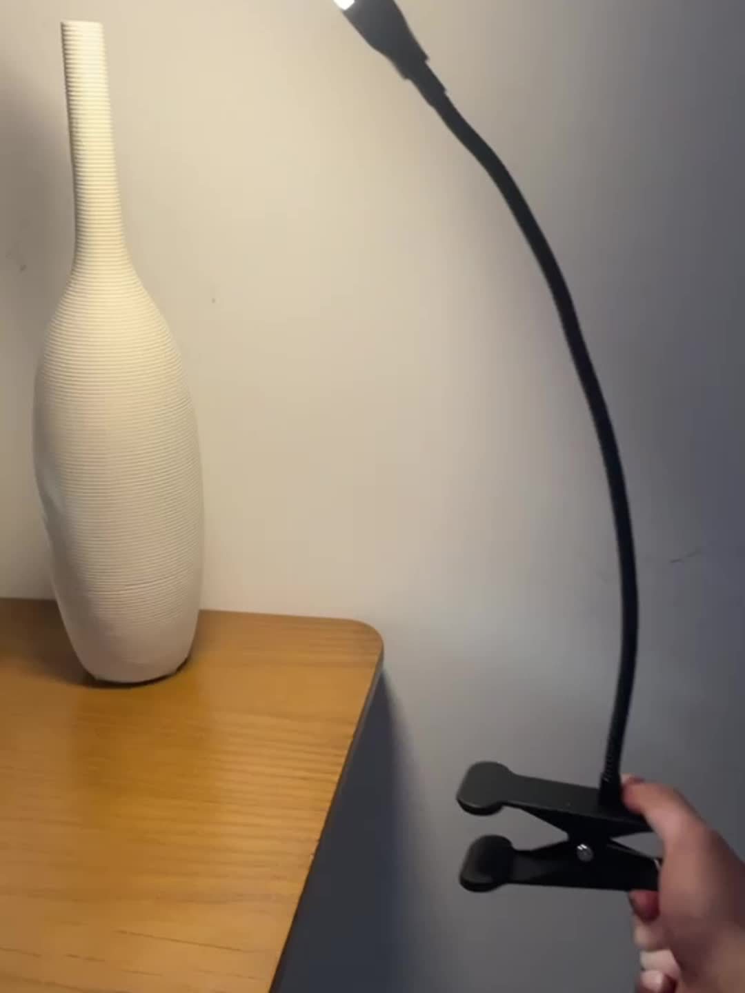 A Clip-On LED Desk Lamp Suitable for Home Office Use, Offering Three Lighting Modes And Ten Brightness Settings, with a Long Flexible Gooseneck And Swing Arm for Focused Lighting, Powered by USB, in Black Color