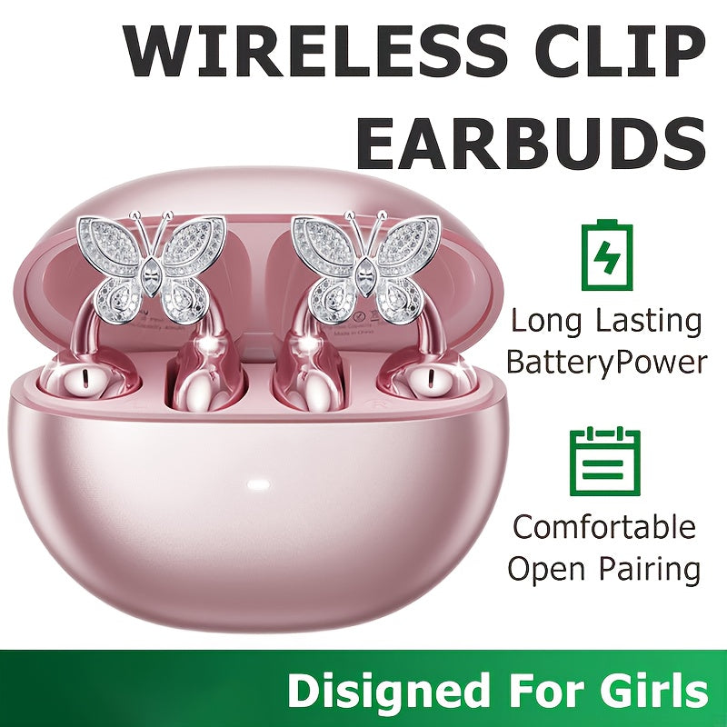 Clip On Earbuds, Open Wireless Earphones, With Detachable Beautiful Synthetic Gemstonestone Earrings, HD Stereo Sound, ANC Noise Reduction, Hands-Free Call, Designed For Exercise/ Sports/ Work/ Study/ Outdoors, Compatible With All Smartphones