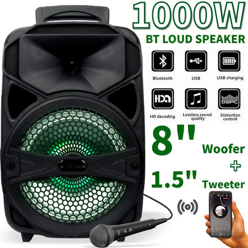 1100W Portable Wireless Speaker with Lighting, Loud Subwoofer Stereo, Bass Technology, Speaker Stand And Microphone, Built-In 1800Mah Rechargeable Battery, Long Playback Time for Outdoor Parties