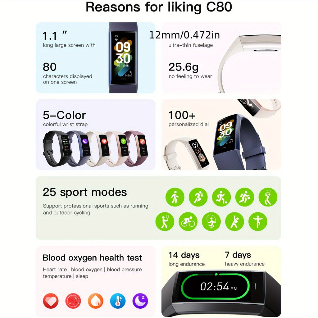 [Smart Sports Watch] 2026 New Upgraded Smart Bracelet, Sports Watch, 1.1-Inch AMOLED Touch Screen Sports Watch, Ultra-Thin Body, 14-Day Long Battery Life, 25 Fitness Modes, Sleep Tracking, Weather Forecast, Music Control, Stopwatch, Alarm Clock Reminder