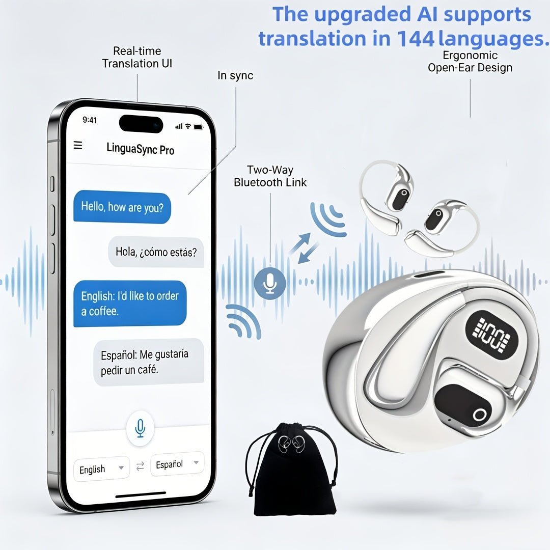 Ai-Powered Real-Time Translation Earbuds, Two-Way Interpreter for 144 Languages, Rechargeable Via USB Or Battery, Ideal for Travel, Business, Shopping, Learning, Carrying Pouch Included