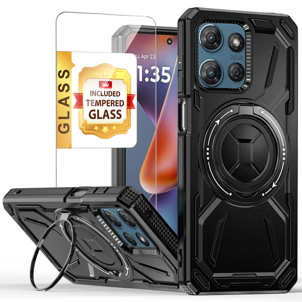 For Motorola Moto G Power 5G 2025 Phone Case, with Tempered Glass Screen Protector, Magnetic Circle Protective 360 Rotatable Magnetic Ring Stand Cover