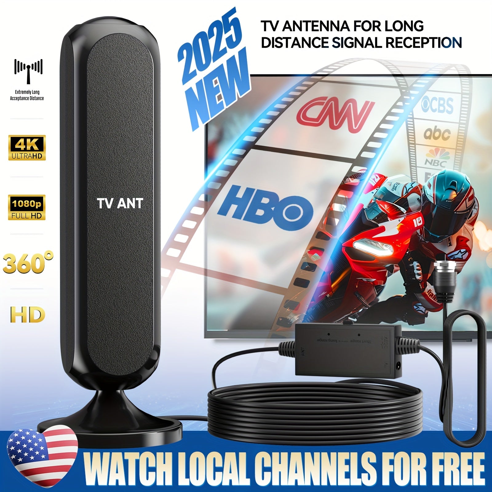 Indoor Satellite TV Antenna With A Range Of 200 Kilometers, Featuring HD 1080P And 4K Signal Amplification. Cable Length: 16 InchesIt Delivers 360° Enhanced Signal Stability For Local Channels, Providing Access To All Free-to-air Channels. Ideal For