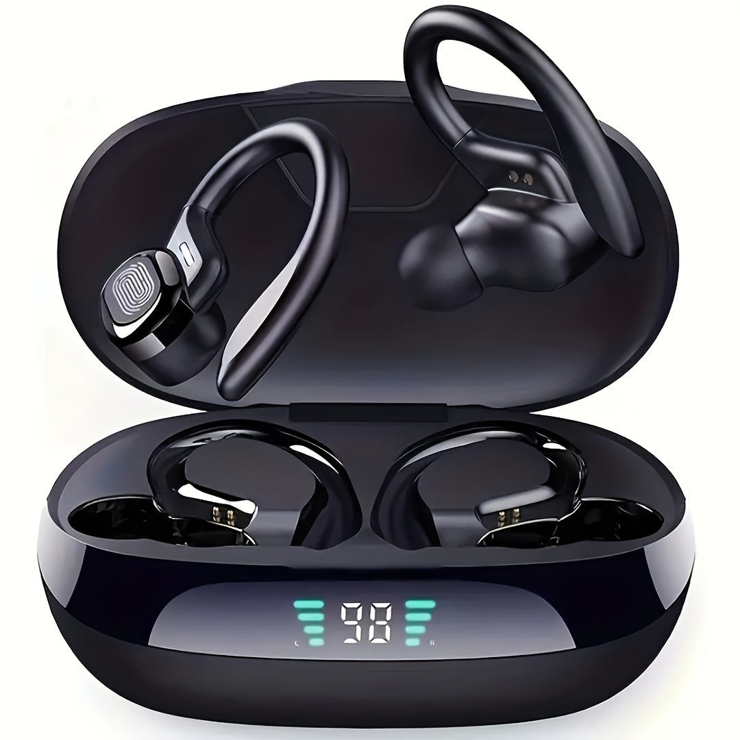 Open-Ear Wireless Earbuds 5.4, Wireless Sports Earphones with Built-In Microphone, Featuring Ear Hooks, 24 Hours of Playback Time, LED Display Charging Case, Suitable for Running And Fitness, in Black