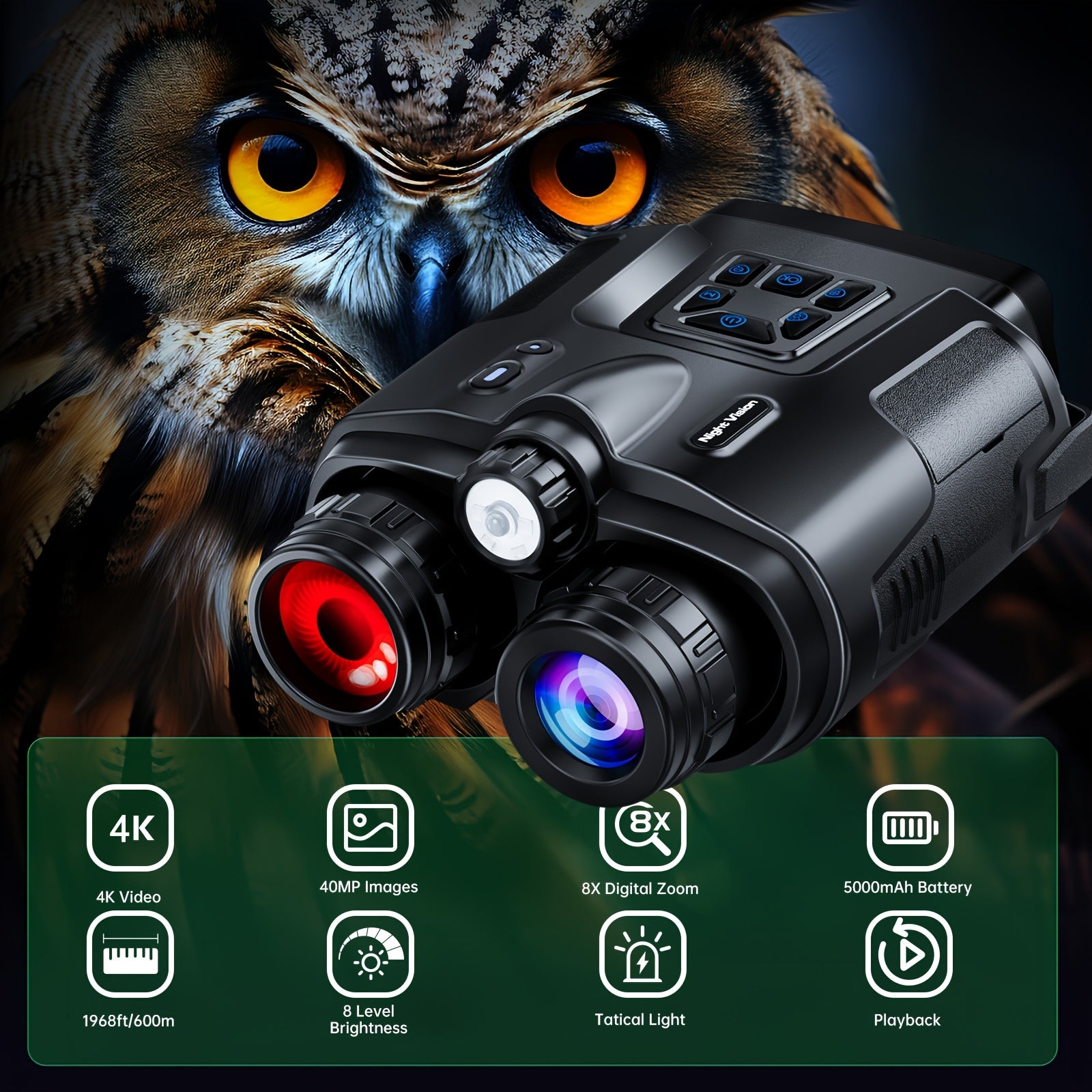 4K Digital Infrared Night Vision Binoculars, 5000mAh High-capacity Lithium-ion Battery, 3-inch Ultra-high-definition Display, Backlit Buttons, 8x Digital Zoom, 5x Optical Zoom, 64GB Memory Card with Tactical Illuminated Fill-in Light, for Hunting