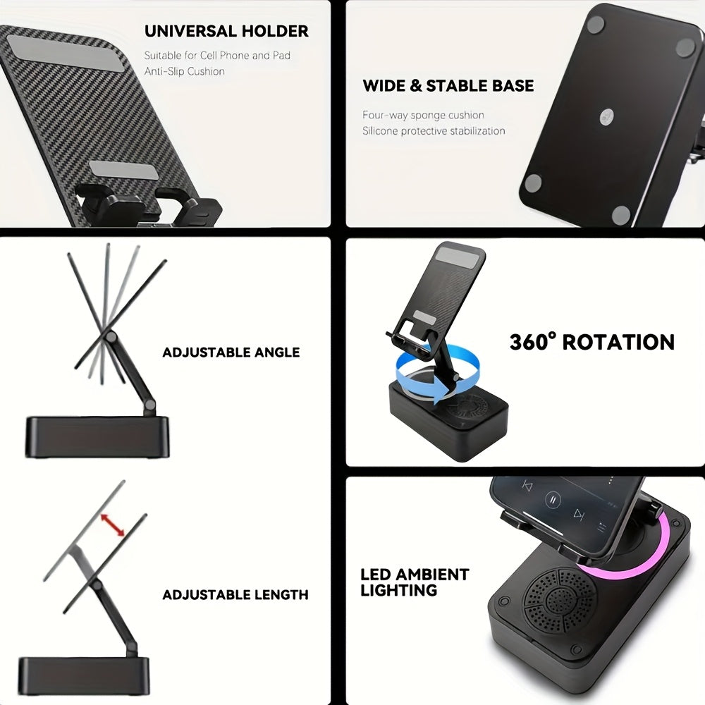 5 in 1 Mobile Device Holder with Wireless Speaker | 360° Adjustable Mount for Tablets And Smartphones, Portable Phone Stand with Base HD Surround Sound, Rechargeable for Emergencies - Tech Gadgets, Innovative Electronics