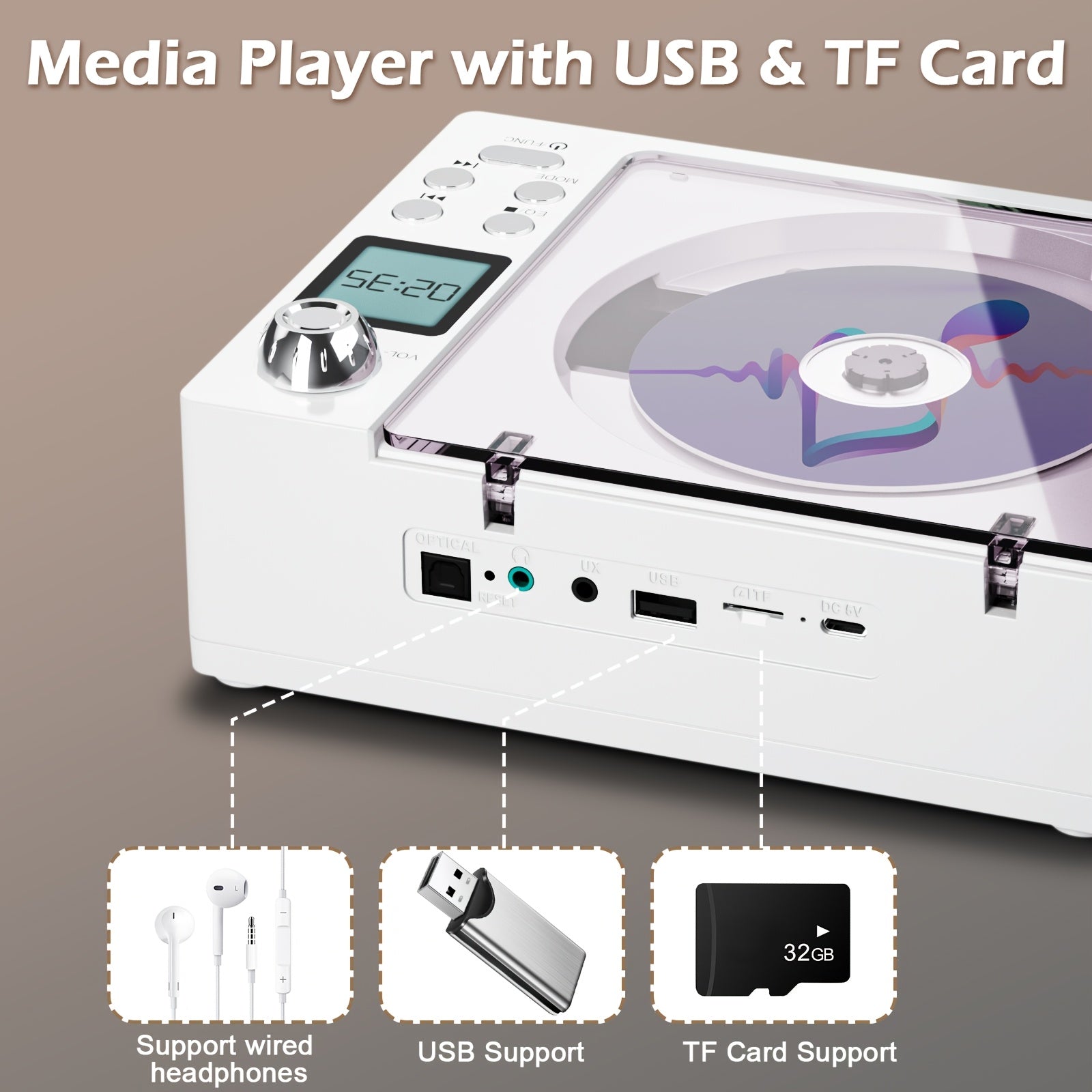 Multifunctional CD Player with Dual Stereo Speakers | USB Player, AUX Input, FM Radio, Type C Charging, LED Display, Remote Control, BT Receiver, Stereo Earphone Jack - M-AMAZUP