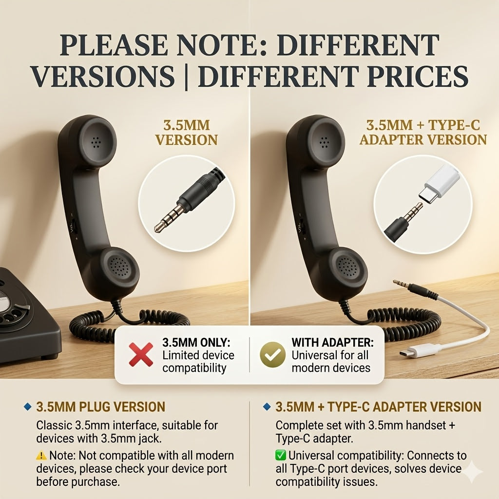 New Retro Phone Handset | Hands-Free Calling for Seniors with Clear Sound And Volume Control Button | Compatible with Smartphones, Tablets And Computers, with Optional Type-C Adapter | Available In Multiple Colors | Practical Christmas Gift