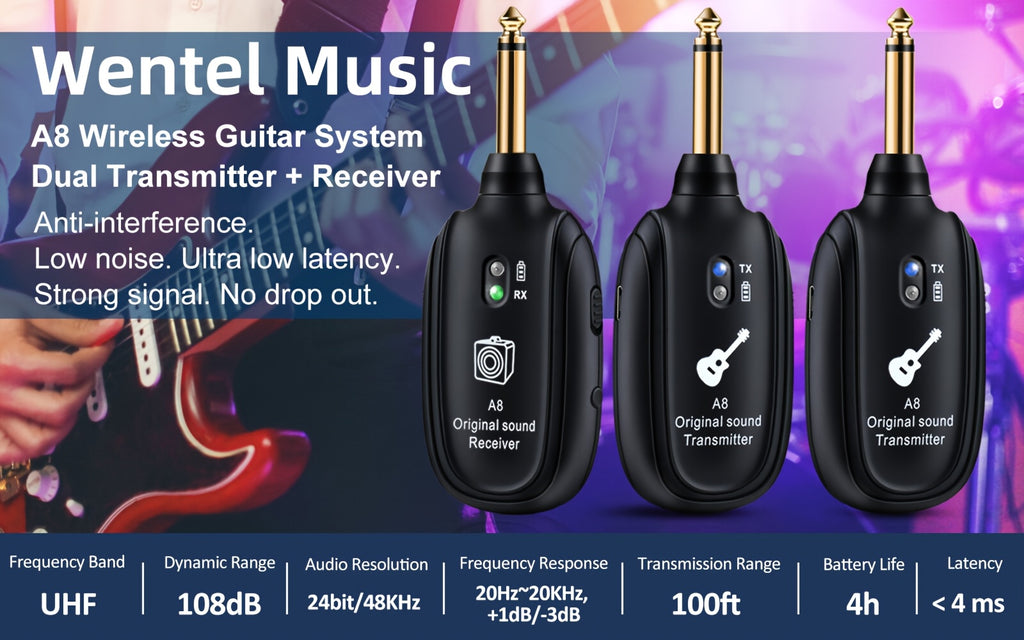 UHF Wireless Audio, 100ft Long Range, Plug & Play, with Noise-Free Transmission for Live Performances, Compatible with Guitar, Bass, Violin, Keyboard - 2 Transmitters + Receiver, Guitar Wireless System, Musical Performance Gear, Durable