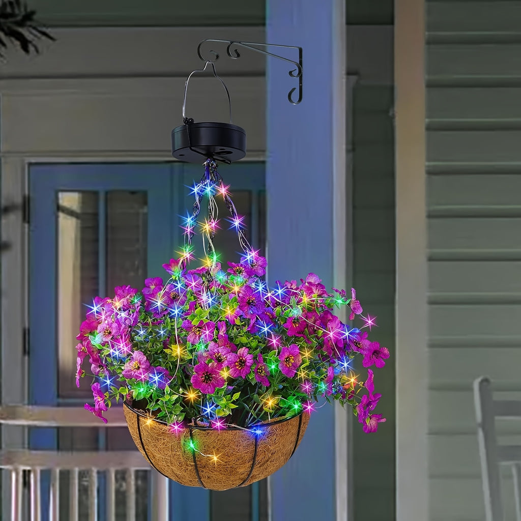 Solar Hanging Flower Basket Lights, Artificial Flowers with Solar RGB String Lights 10 Inch Coconut Hanging Flower Basket with Artificial Pink/Purple/Orange Flowers for Patio Lawn Garden Decorative Lights