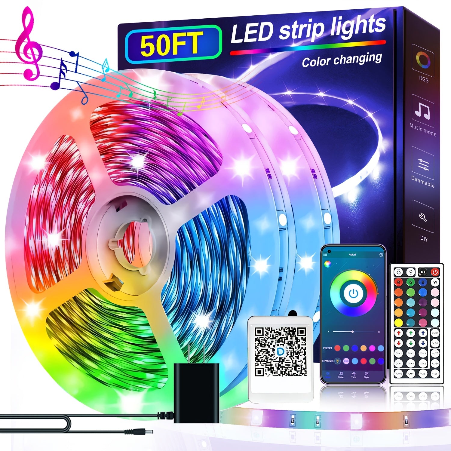 [RGB LED Light Strip] 37/500044-Key LED Smart Light Strip, RGB Multi-Color Adjustable, Music Synchronized Color Change, Suitable for Living Room And Bedroom Decoration