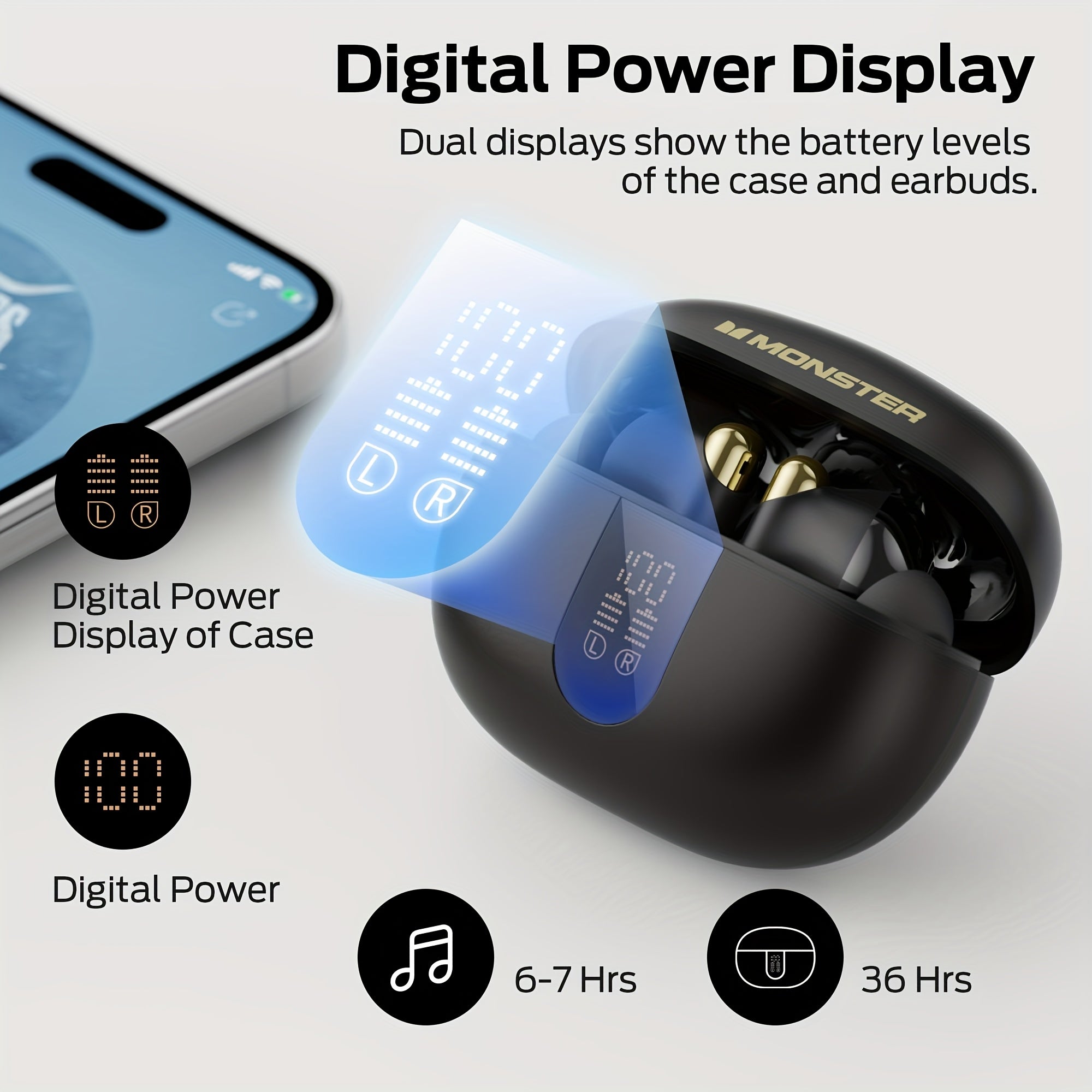 Monster Wireless Earbuds, Stereo Headphones With Noise-Cancelling Mic And LED Display, Built-in Mic For Clear Calls, Wireless Ear Buds For Sports
