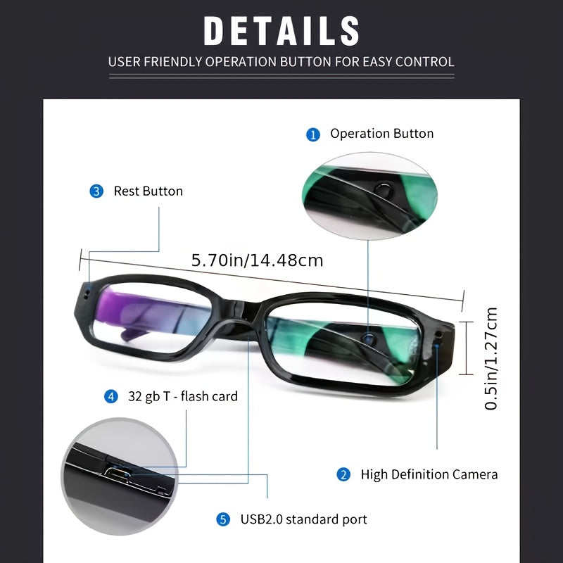 [1080P] Includes A 32GB TF Card, 1080P HD Mini Video Glasses Camera, Portable Digital Recorder With TF Card Slot, No Driver Required For Easy PC Or Laptop Connection. USB-Powered Glasses For Sports, Outdoor Activities, And Meetings. With These Glasses