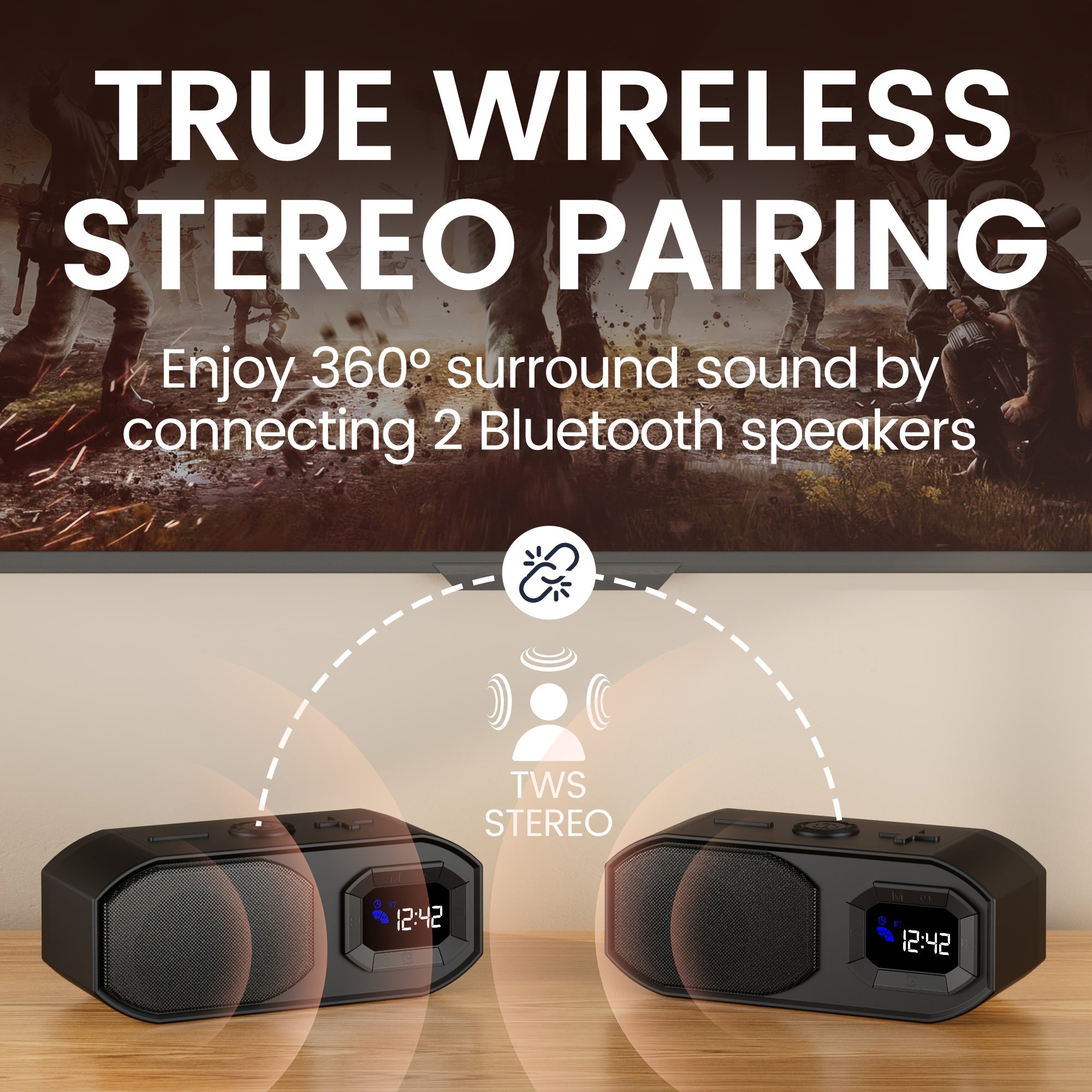 Wireless Speaker with Digital Alarm Clock, Fixed-time Alarm, HD Sound, High - Quality Diaphragm, TWS Pairing, Wireless/USB/TF Card/AUX, Rechargeable Battery, Type-C Charging Cable, Non-slip Pad, Suitable for Home, Bedroom, Dorm, Camping