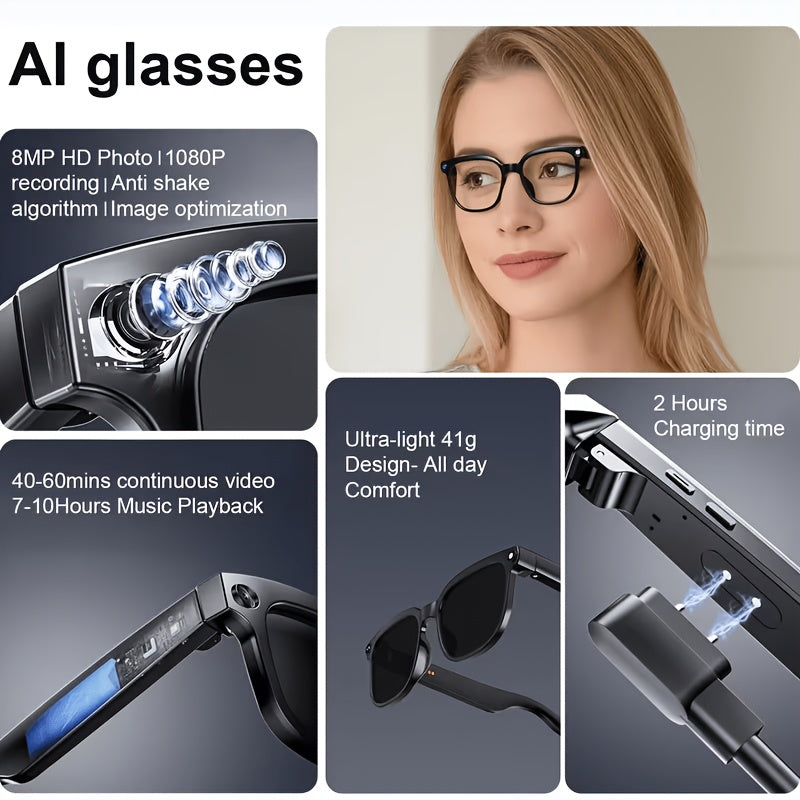 Smart Camera Glasses with 8MP Ultra-Wide Camera HD 1080P, Blue Light Blocking, AI Voice Control, 4H Playtime, Wi-Fi/Bluetooth 5.4 for HD Video & Immersive Audio